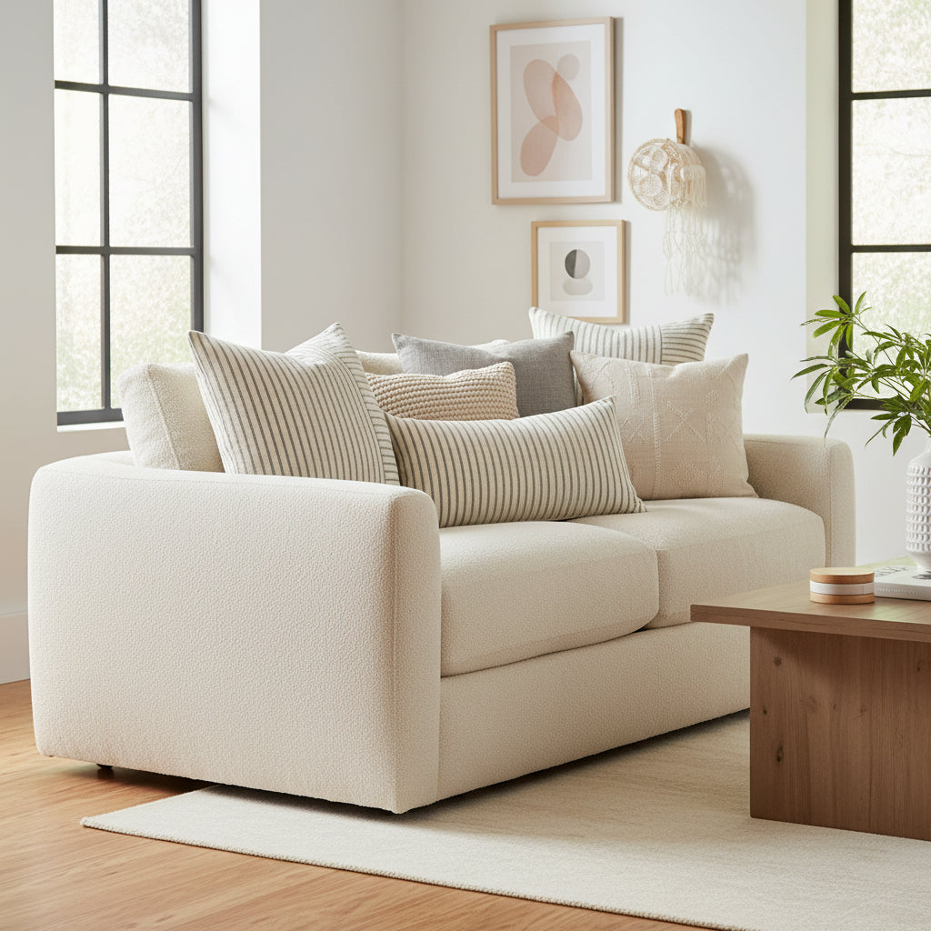 Modern striped cushion covers with stitching pattern in neutral colours for sofa and bedroom home decoration. 4