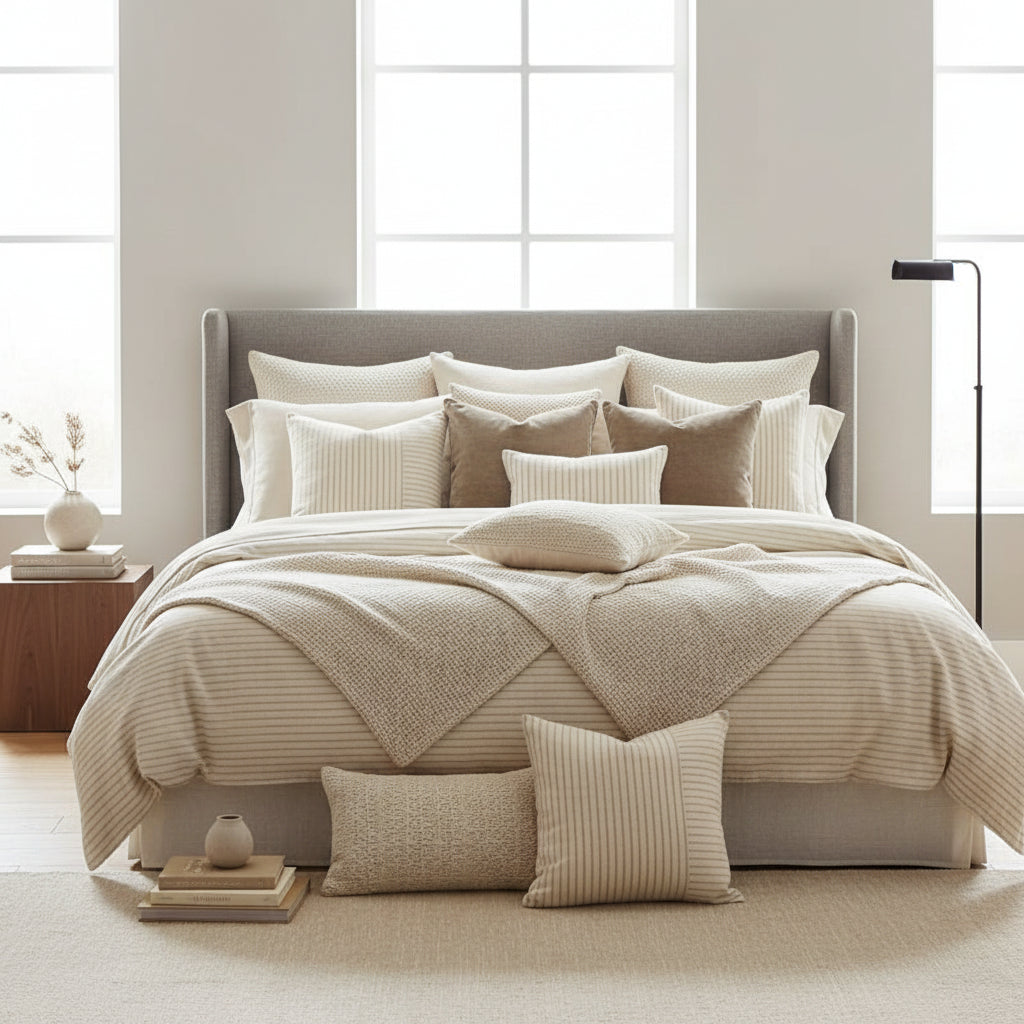 Modern striped cushion covers with stitching pattern in neutral colours for sofa and bedroom home decoration. 5