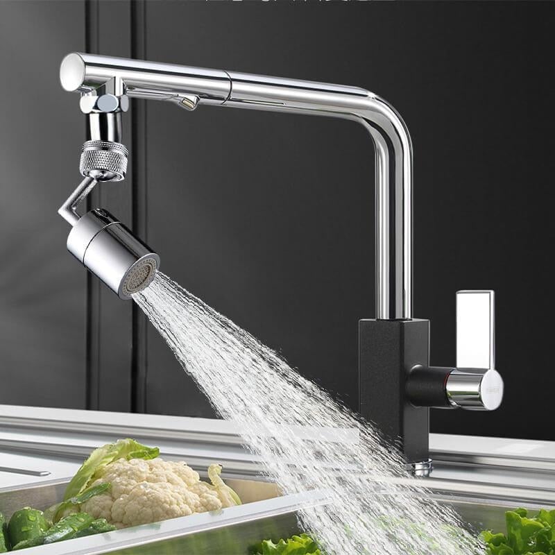 Modern universal rotating faucet splash guard filter with water flowing over vegetables in a sink.