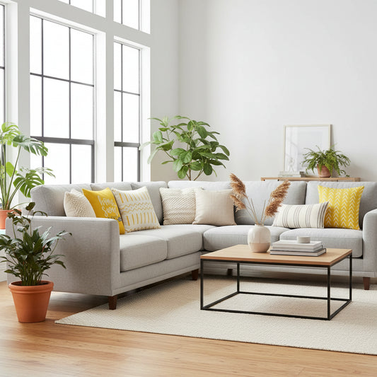 Modern yellow geometric pattern cushion covers 18x18 inch in linen fabric with designer inspired print for sofa and bedroom home decoration