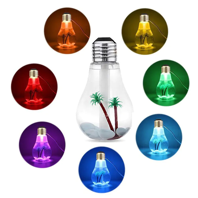 Colour changing light bulb with palm tree design on a white background