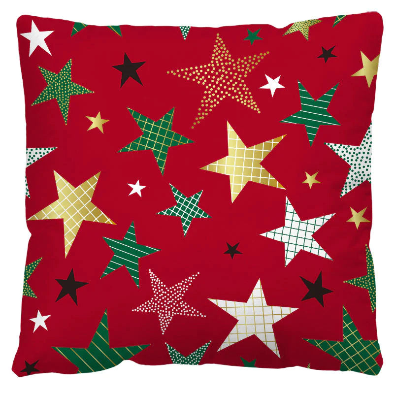 Red pillow with colourful star pattern on a white background