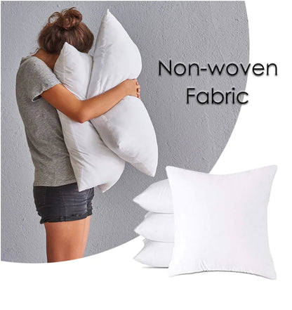 Person holding a Ultra soft white cushion insert with high elastic PP cotton filling and brushed fabric cover for superior comfort and support with 'Non-woven Fabric' text and additional pillows on a grey background.