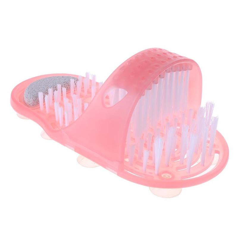 Pink foot massager bath slippers with soft bristle brushes, suction cups, and built in pumice stone for foot cleaning and massage on a white background