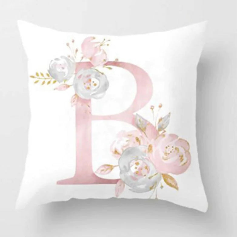 Pink letter pillow cover with floral pattern, 45x45cm personalized initial cushion case for home decor. Letter B