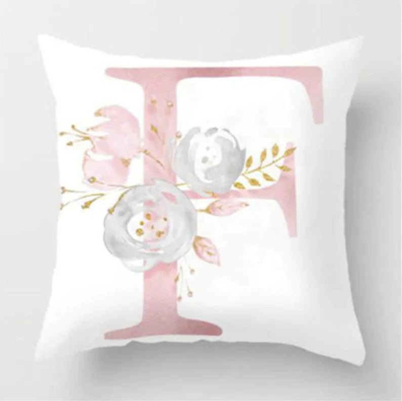 Pink letter pillow cover with floral pattern, 45x45cm personalized initial cushion case for home decor. Letter F
