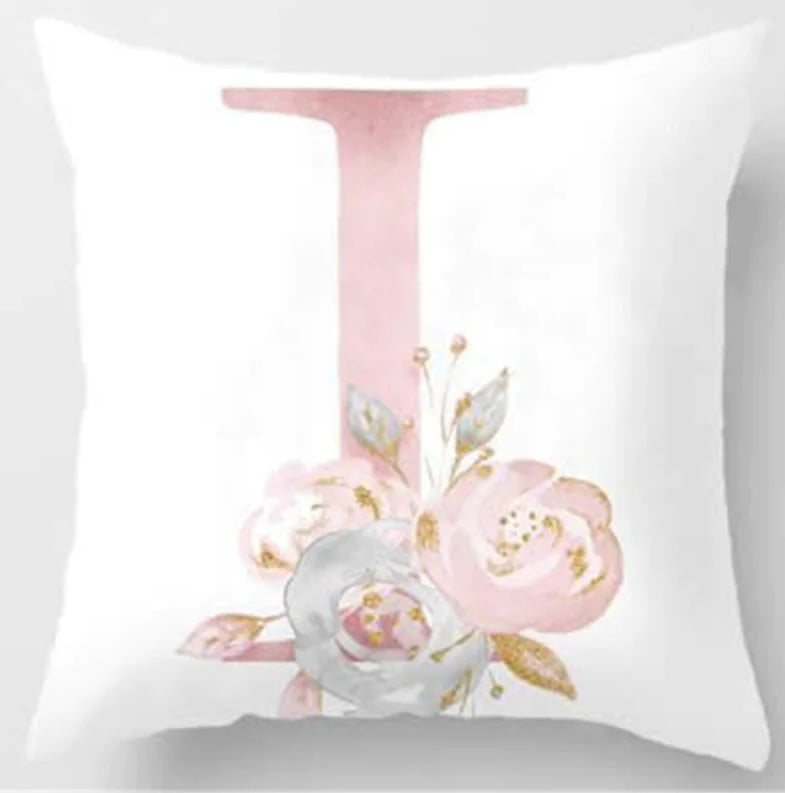 Pink letter pillow cover with floral pattern, 45x45cm personalized initial cushion case for home decor. Letter I