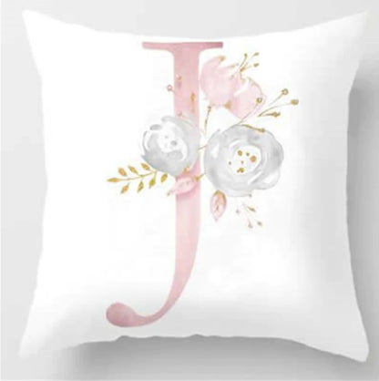 Pink letter pillow cover with floral pattern, 45x45cm personalized initial cushion case for home decor. Letter J