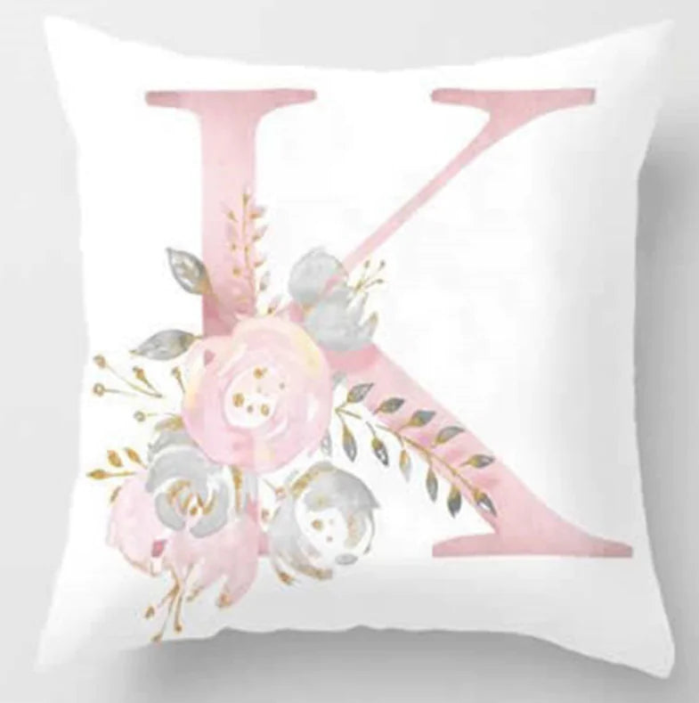 Pink letter pillow cover with floral pattern, 45x45cm personalized initial cushion case for home decor. Letter K