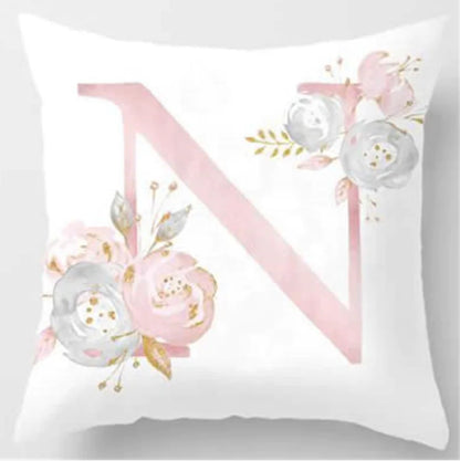 Pink letter pillow cover with floral pattern, 45x45cm personalized initial cushion case for home decor. Letter N