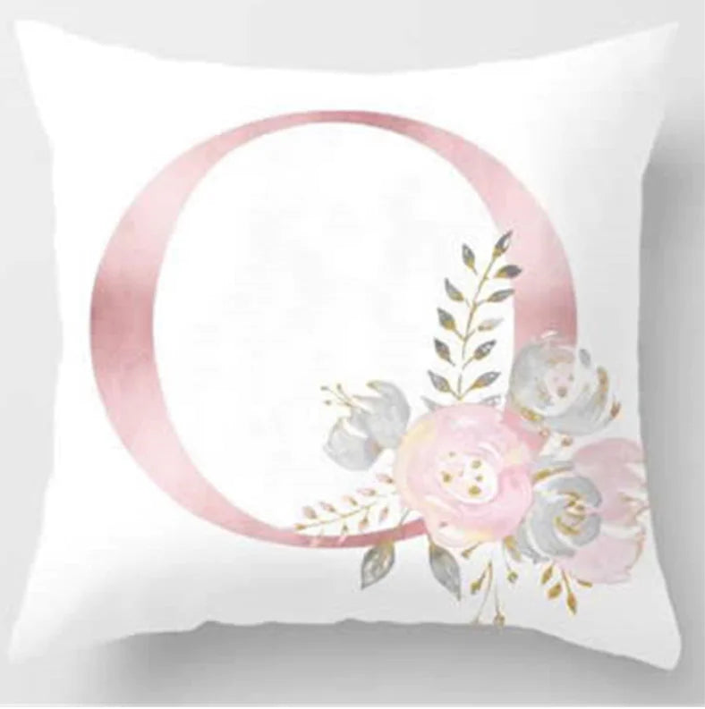 Pink letter pillow cover with floral pattern, 45x45cm personalized initial cushion case for home decor. Letter O