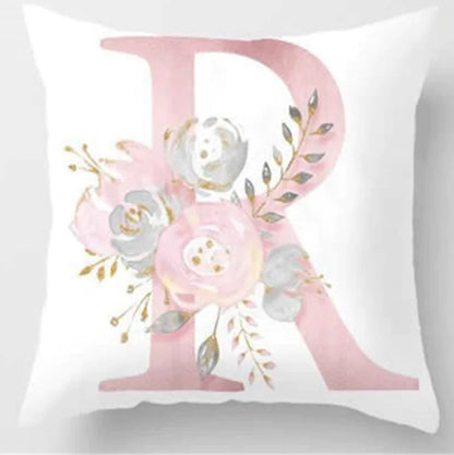 Pink letter pillow cover with floral pattern, 45x45cm personalized initial cushion case for home decor. Letter R