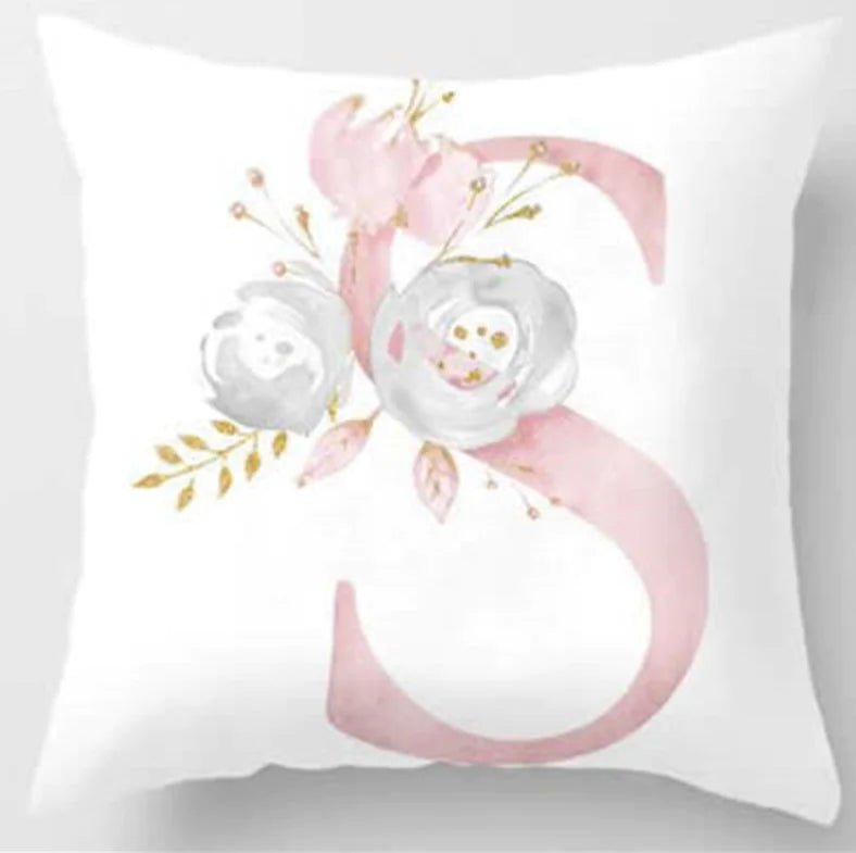 Pink letter pillow cover with floral pattern, 45x45cm personalized initial cushion case for home decor. Letter S