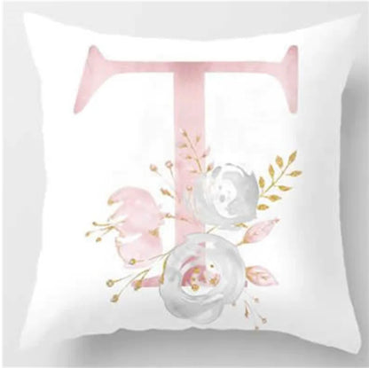 Pink letter pillow cover with floral pattern, 45x45cm personalized initial cushion case for home decor. Letter T