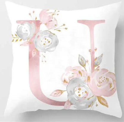 Pink letter pillow cover with floral pattern, 45x45cm personalized initial cushion case for home decor. Letter U