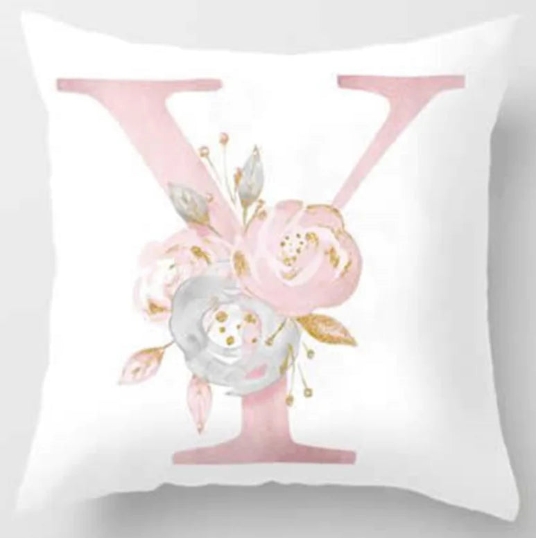 Pink letter pillow cover with floral pattern, 45x45cm personalized initial cushion case for home decor. Letter Y