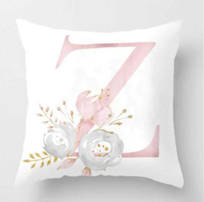 Pink letter pillow cover with floral pattern, 45x45cm personalized initial cushion case for home decor. Letter Z