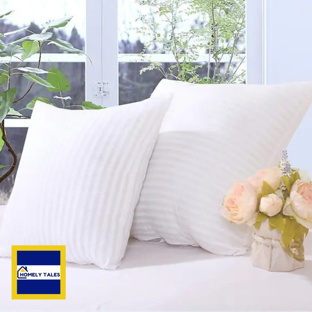 Premium Cotton Velvet Hotel Quality Pillow, Multiple Sizes Available on a bed with a vase of flowers and a window view in the background, featuring the Homely Tales logo.