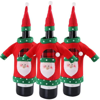 Red Christmas wine bottle cover with Santa embroidery decoration