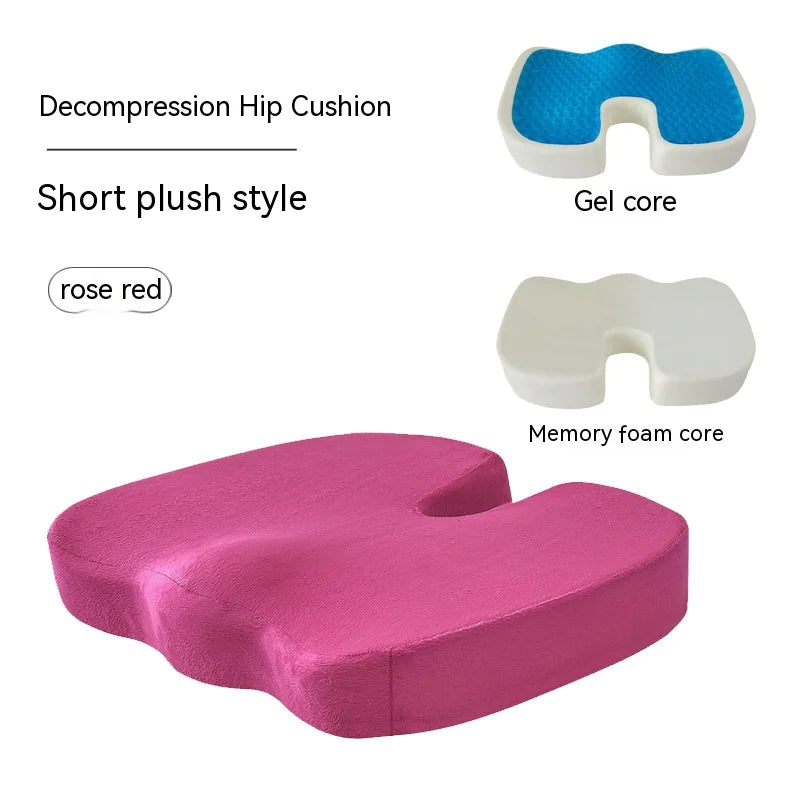 Rose plush Ergonomic memory foam office chair cushion with modern design providing lumbar and hip support for comfortable extended sitting.Decompression hip cushion with gel and memory foam cores on a white background