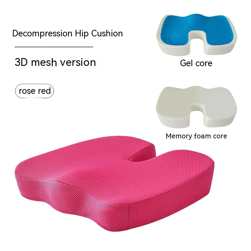 Rose red mesh Ergonomic memory foam office chair cushion with modern design providing lumbar and hip support for comfortable extended sitting. Decompression hip cushion with gel and memory foam cores on a white background
