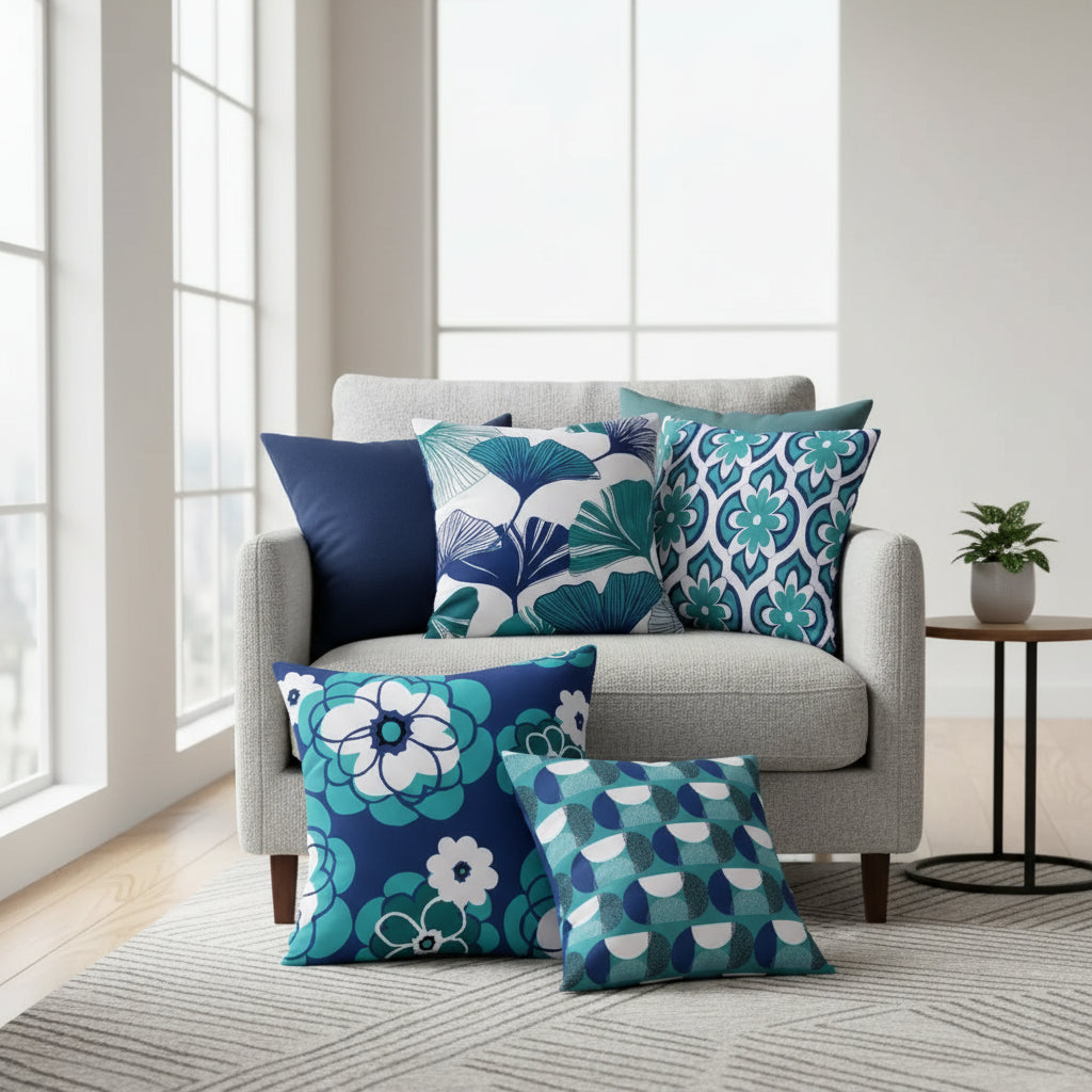 Set of 4 modern cushion covers, geometric designer inspired styled pillow cases for sofa and living room decoration.