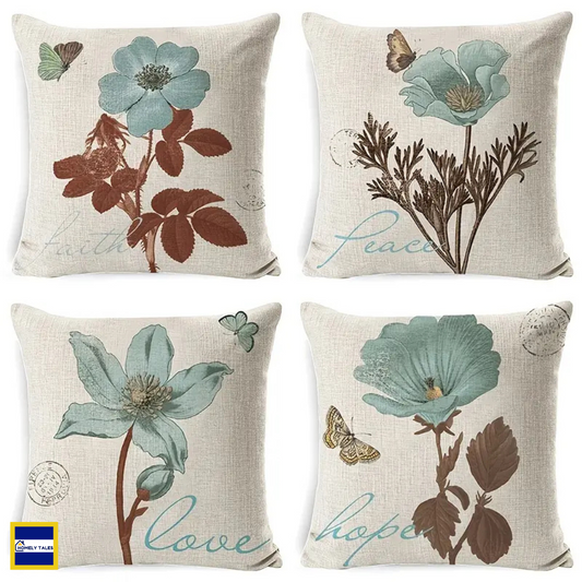 Set of Elegant floral linen throw pillow cover 18x18 inches with Nordic botanical design for living room sofa decoration