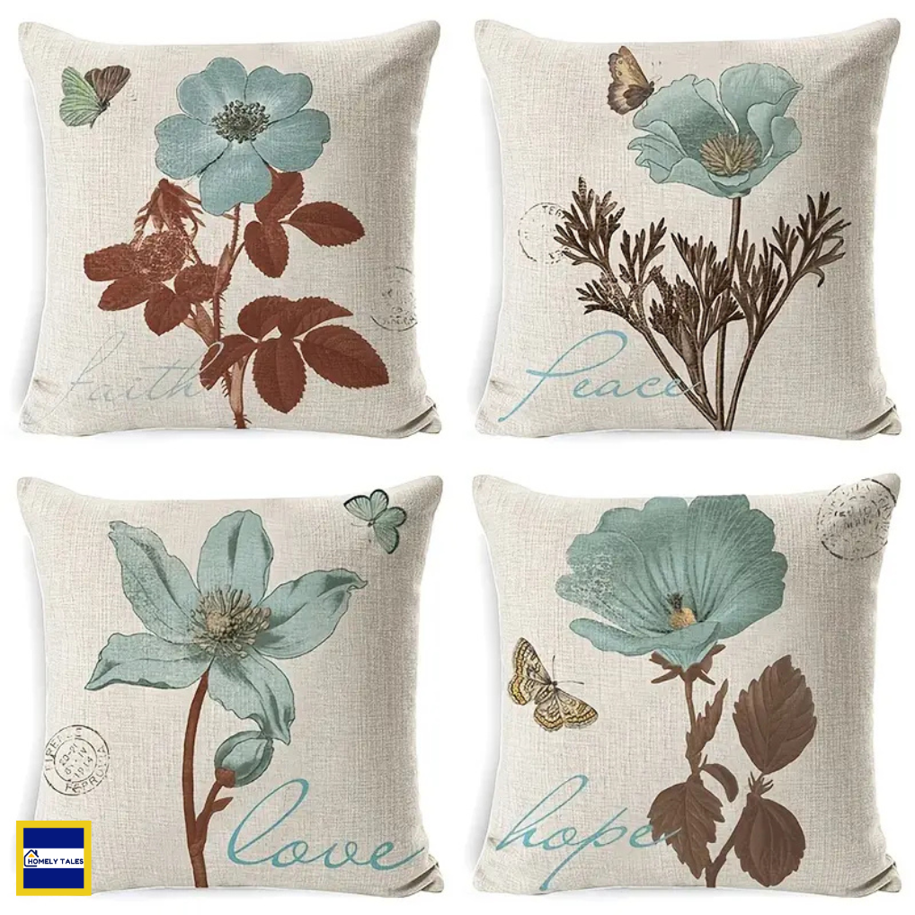Set of Elegant floral linen throw pillow cover 18x18 inches with Nordic botanical design for living room sofa decoration