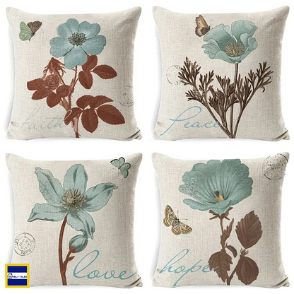 Set of Elegant floral linen throw pillow cover 18x18 inches with Nordic botanical design for living room sofa decoration