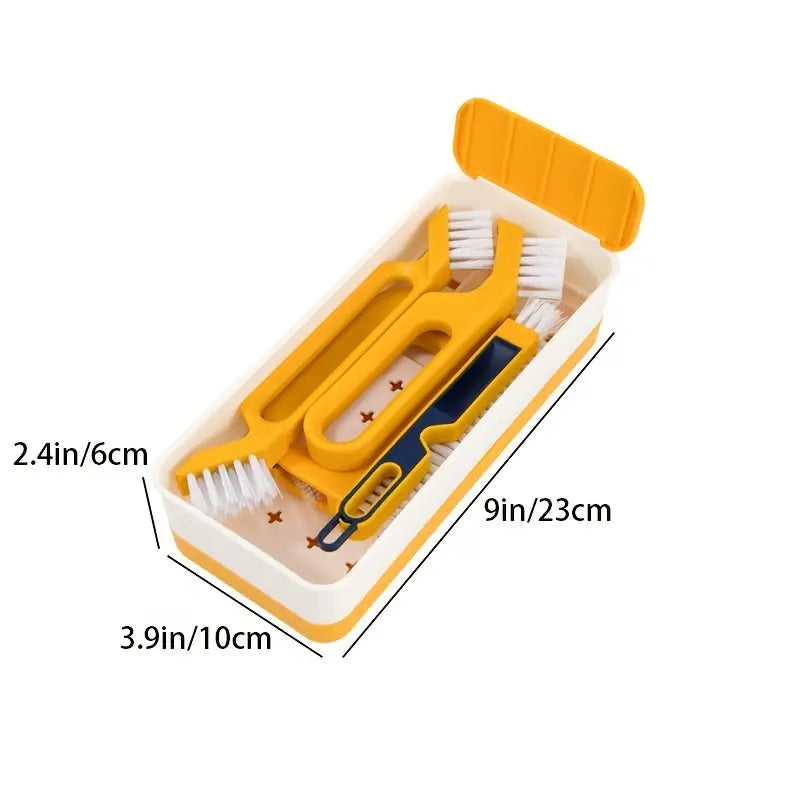 Set of b4 piece crevice cleaning brush set with specialized gap cleaning tools for hard-to-reach areas and detail cleaning with a yellow lid with measurements on a white background
