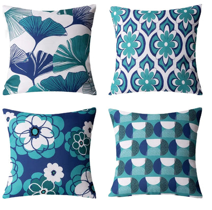 Set of four geometric pattern cushion covers in Nordic style, 18x18 inches, featuring modern abstract designs in the blue colour option for sofa and living room decor