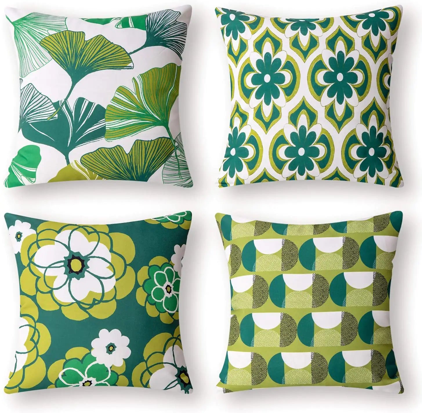Set of four geometric pattern cushion covers in Nordic style, 18x18 inches, featuring modern abstract designs in the green colour option for sofa and living room decor