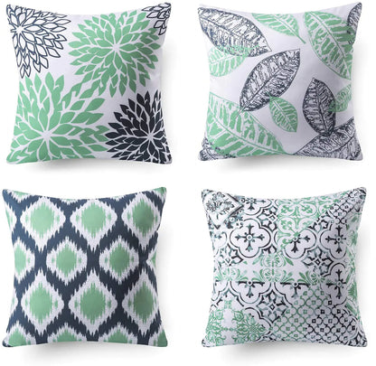 Set of four geometric pattern cushion covers in Nordic style, 18x18 inches, featuring modern abstract designs in the light green colour option for sofa and living room decor