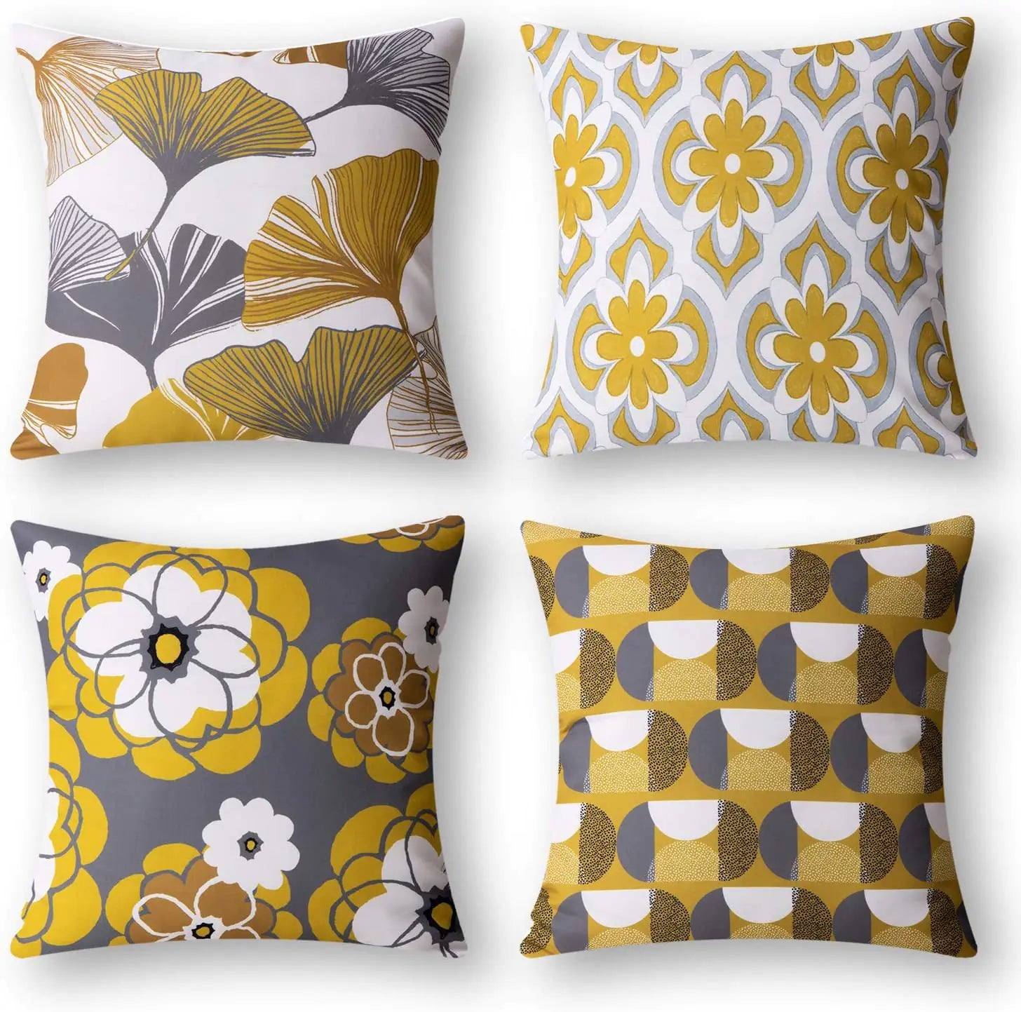 Set of four geometric pattern cushion covers in Nordic style, 18x18 inches, featuring modern abstract designs in the yellow colour option for sofa and living room decor