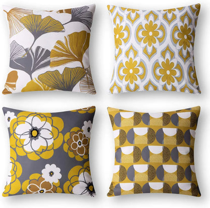 Set of four geometric pattern cushion covers in Nordic style, 18x18 inches, featuring modern abstract designs in the yellow colour option for sofa and living room decor