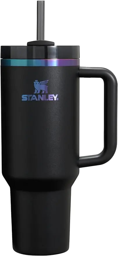 Stanley Quencher H2.0 40oz black stainless steel tumbler with lid and straw for hot and cold beverages on a white background