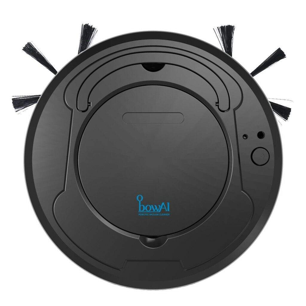 Ultra slim black robot vacuum cleaner with 3 point cleaning system showing compact design for under furniture cleaning