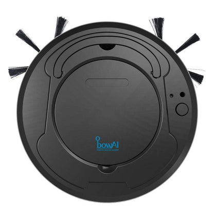 Ultra slim black robot vacuum cleaner with 3 point cleaning system showing compact design for under furniture cleaning