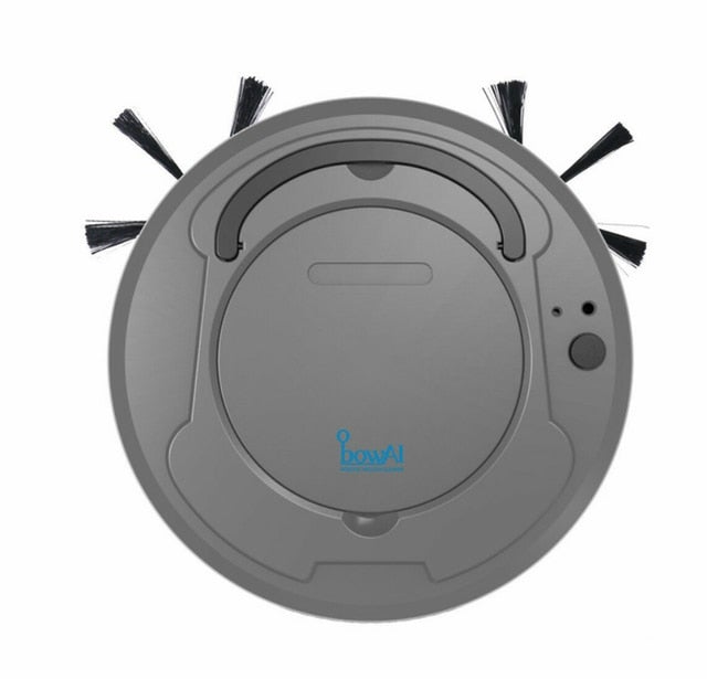 Ultra slim grey robot vacuum cleaner with 3 point cleaning system showing compact design for under furniture cleaning