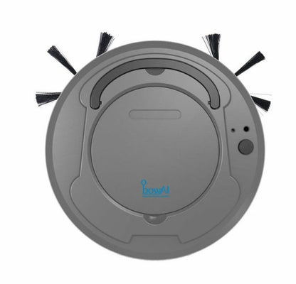 Ultra slim grey robot vacuum cleaner with 3 point cleaning system showing compact design for under furniture cleaning