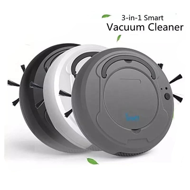 Ultra slim robot vacuum cleaner with 3 point cleaning system showing compact design with three different colours on a white background