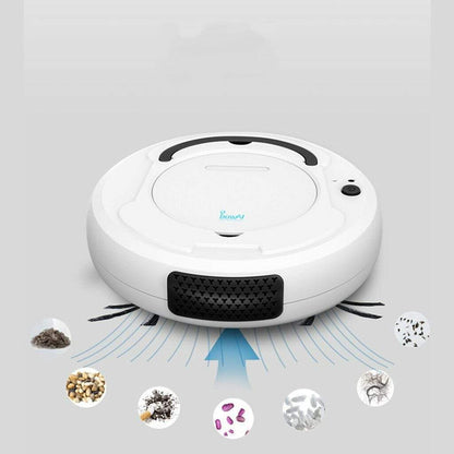 Ultra slim white robot vacuum cleaner with 3 point cleaning system showing compact design on a grey background with collected debris icons.