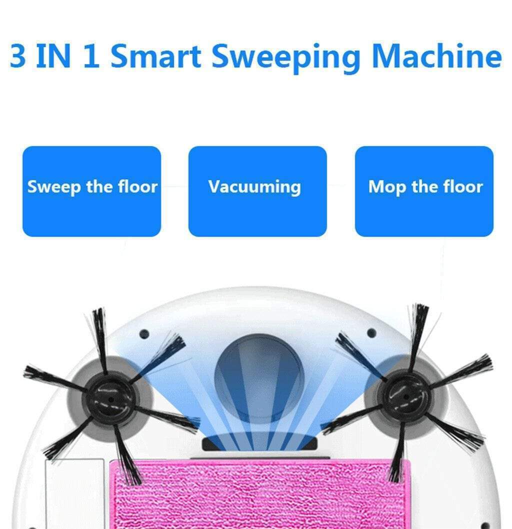 Ultra slim white robot vacuum cleaner showcasing the cleaning components on a white background