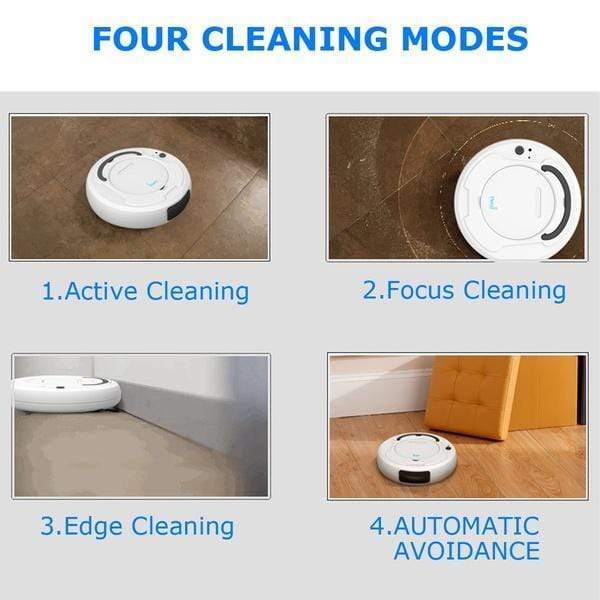 Ultra slim white robot vacuum cleaner showcasing the four cleaning modes of a robot vacuum cleaner with corresponding images and labels.