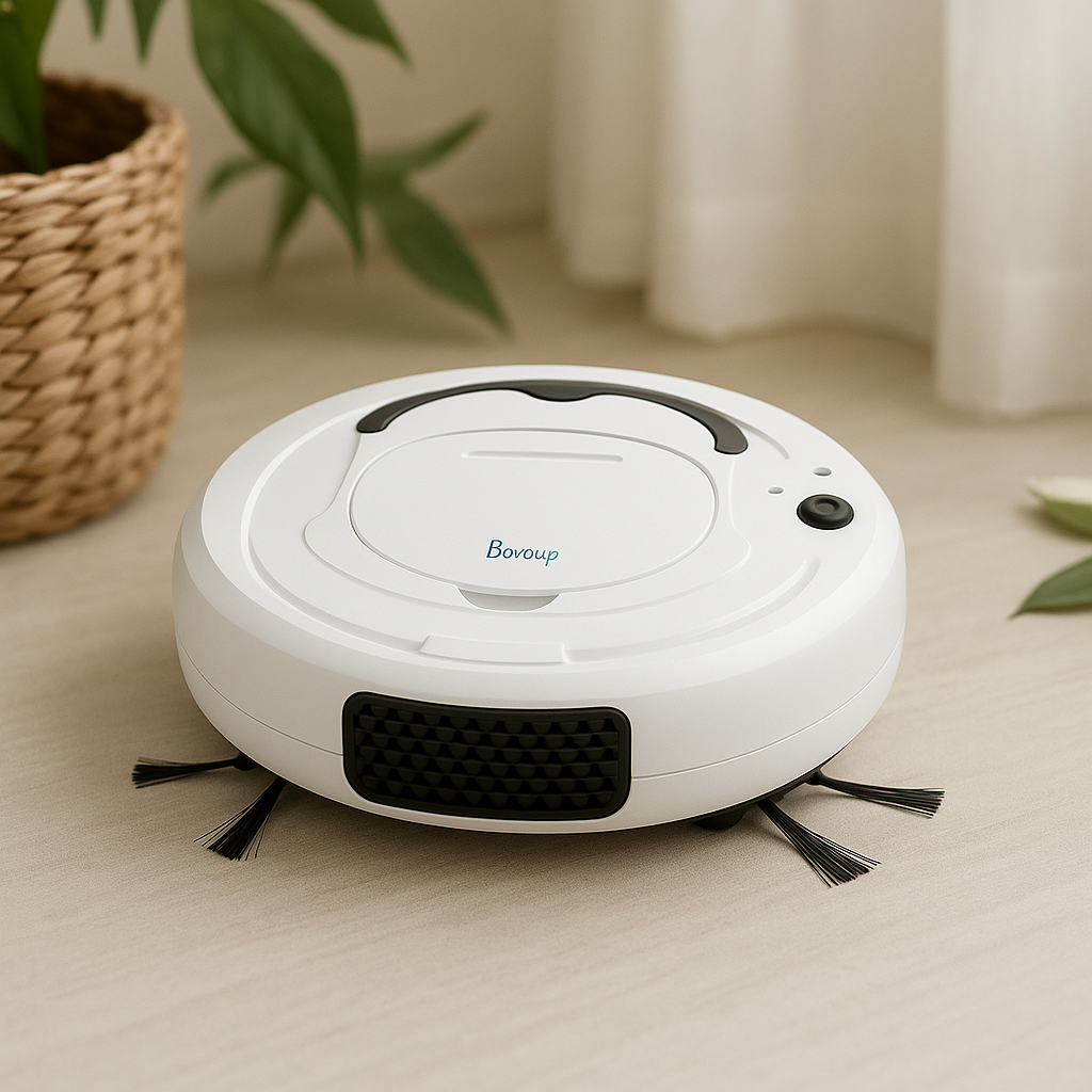 Ultra slim white robot vacuum cleaner with 3 point cleaning system showing compact design for under furniture cleaning on a light wooden floor with a plant in the background
