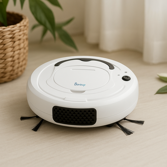 Ultra slim white robot vacuum cleaner with 3 point cleaning system showing compact design for under furniture cleaning on a light wooden floor with a plant in the background