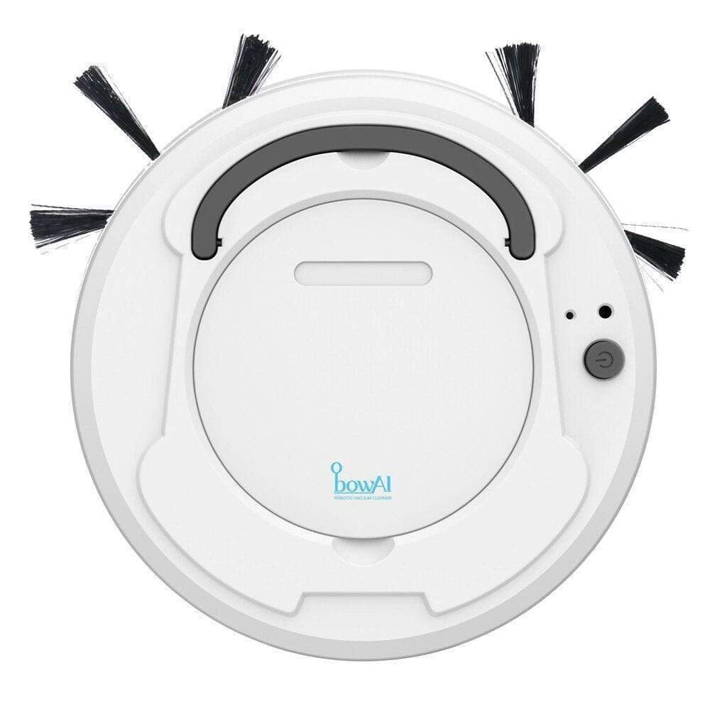 Ultra slim white robot vacuum cleaner with 3 point cleaning system showing compact design for under furniture cleaning