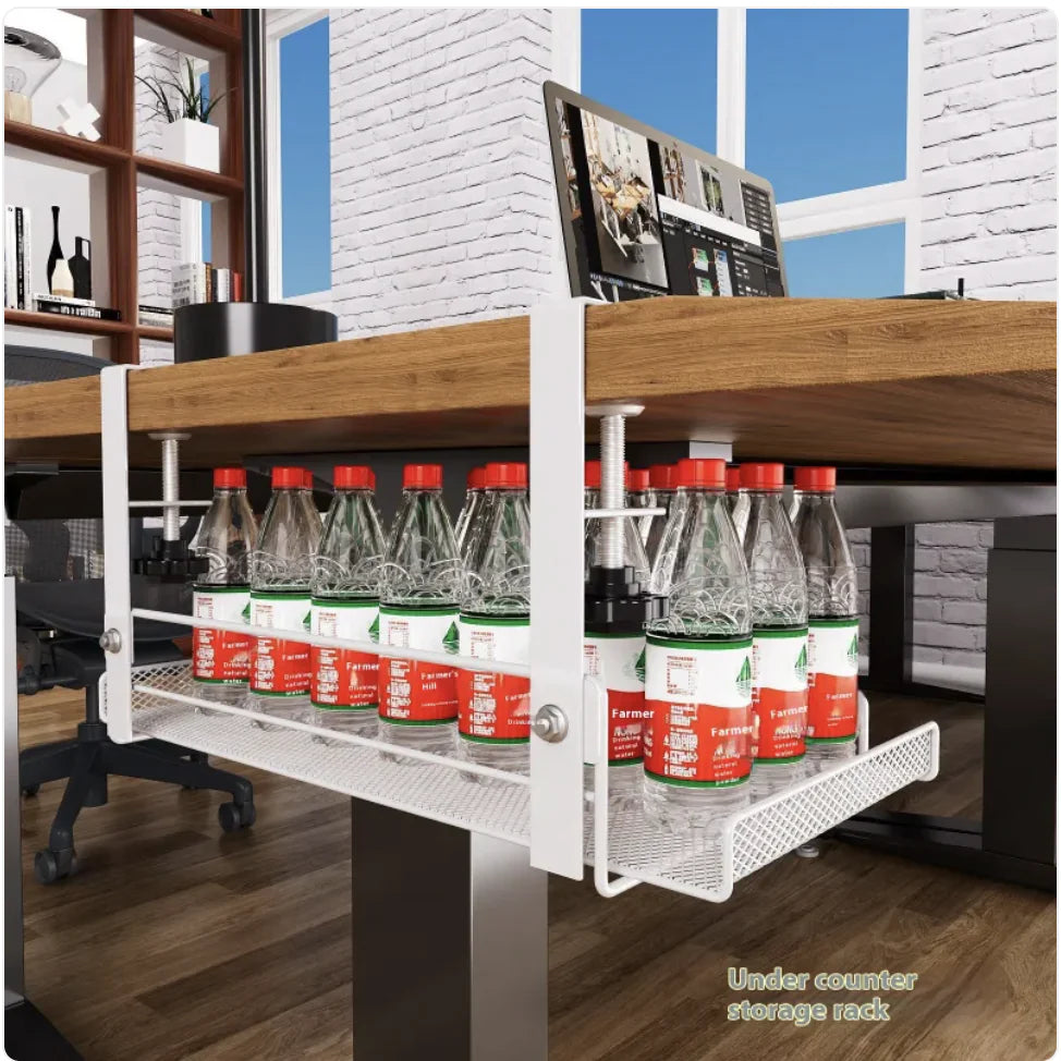 Under counter storage rack with bottles in a modern office setting