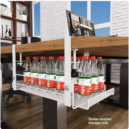 Under counter storage rack with bottles in a modern office setting