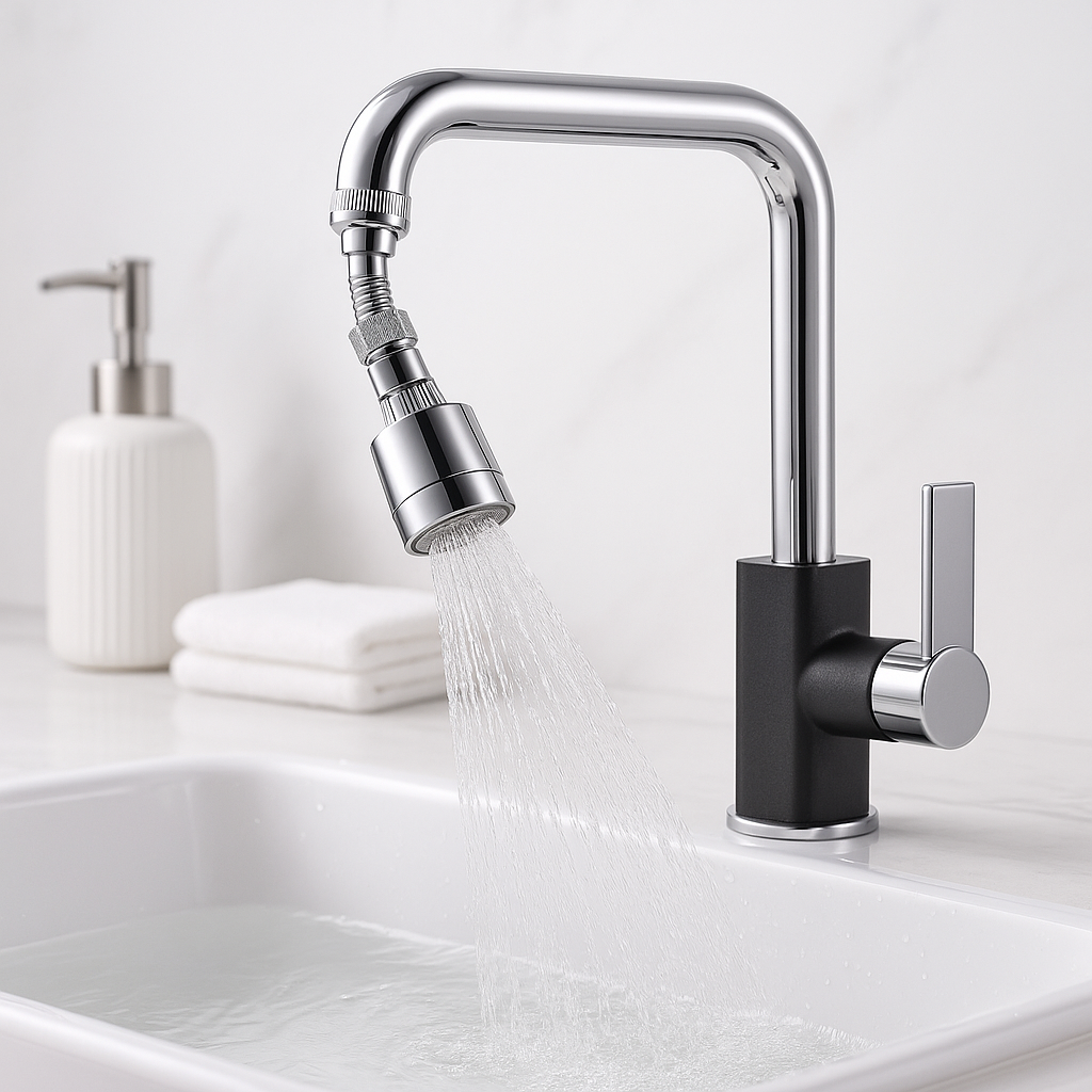 Universal rotating faucet splash guard filter with 360 degree swivel feature showing anti splash water flow technology